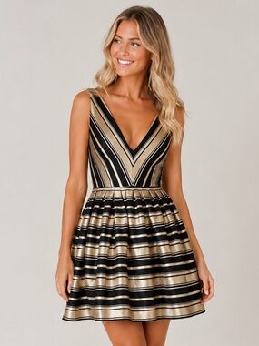 J. Crew Gold Metallic Stripe Deep V Fit & Flare Mini Dress Cream Charcoal 2